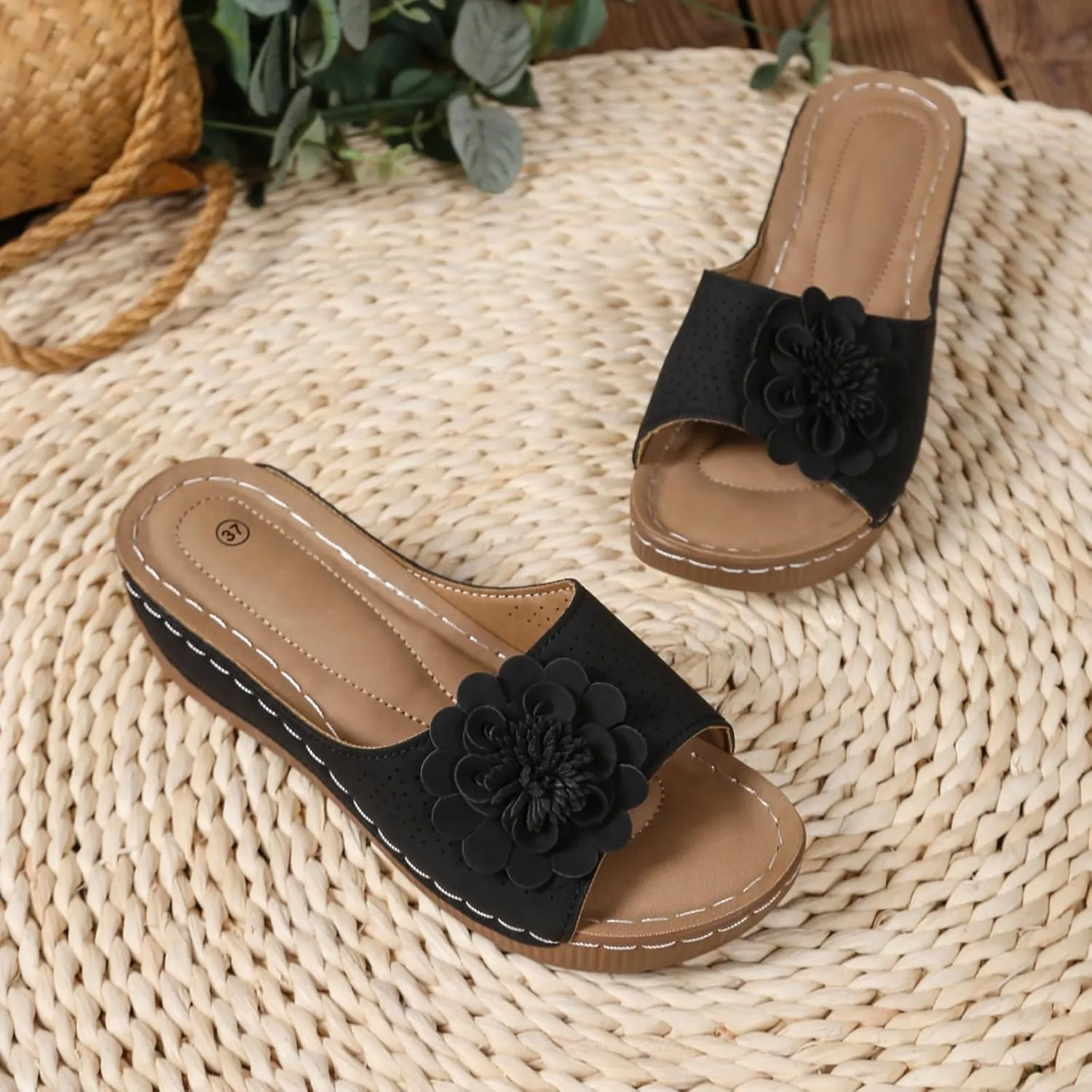 Womens Sandals Block Heel Fish Mouth Flowers Comfortable Hollow Out Open Toe Breathable Adjustable Strappy Shoes