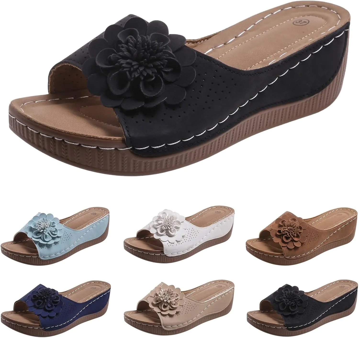 Womens Sandals Block Heel Fish Mouth Flowers Comfortable Hollow Out Open Toe Breathable Adjustable Strappy Shoes