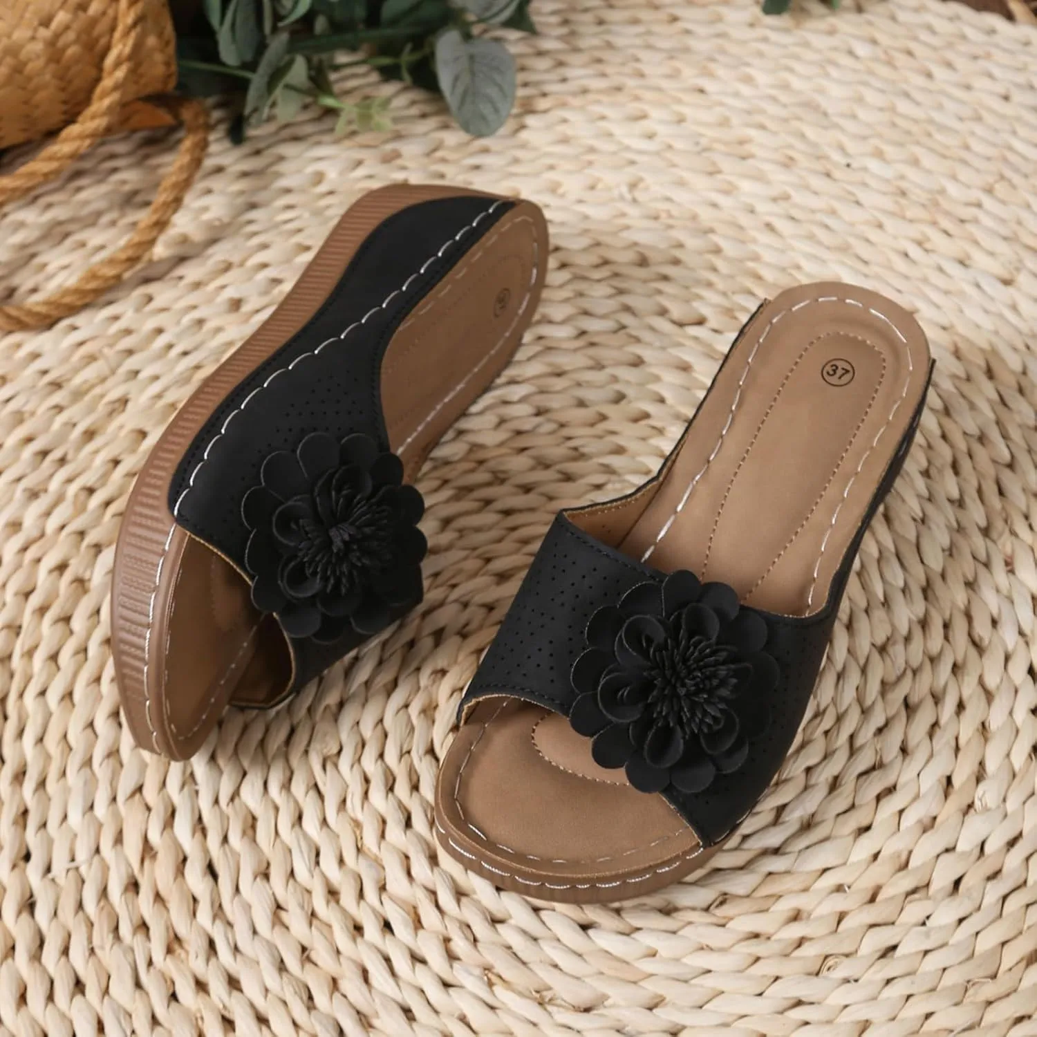 Womens Sandals Block Heel Fish Mouth Flowers Comfortable Hollow Out Open Toe Breathable Adjustable Strappy Shoes
