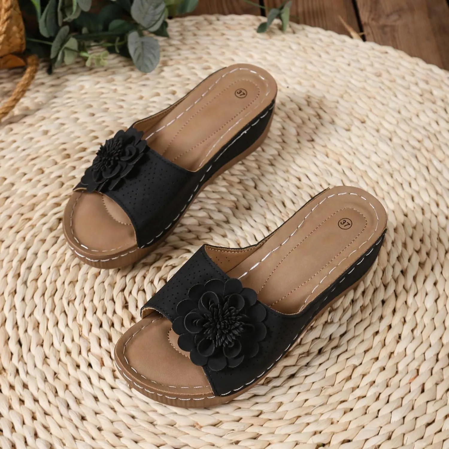 Womens Sandals Block Heel Fish Mouth Flowers Comfortable Hollow Out Open Toe Breathable Adjustable Strappy Shoes