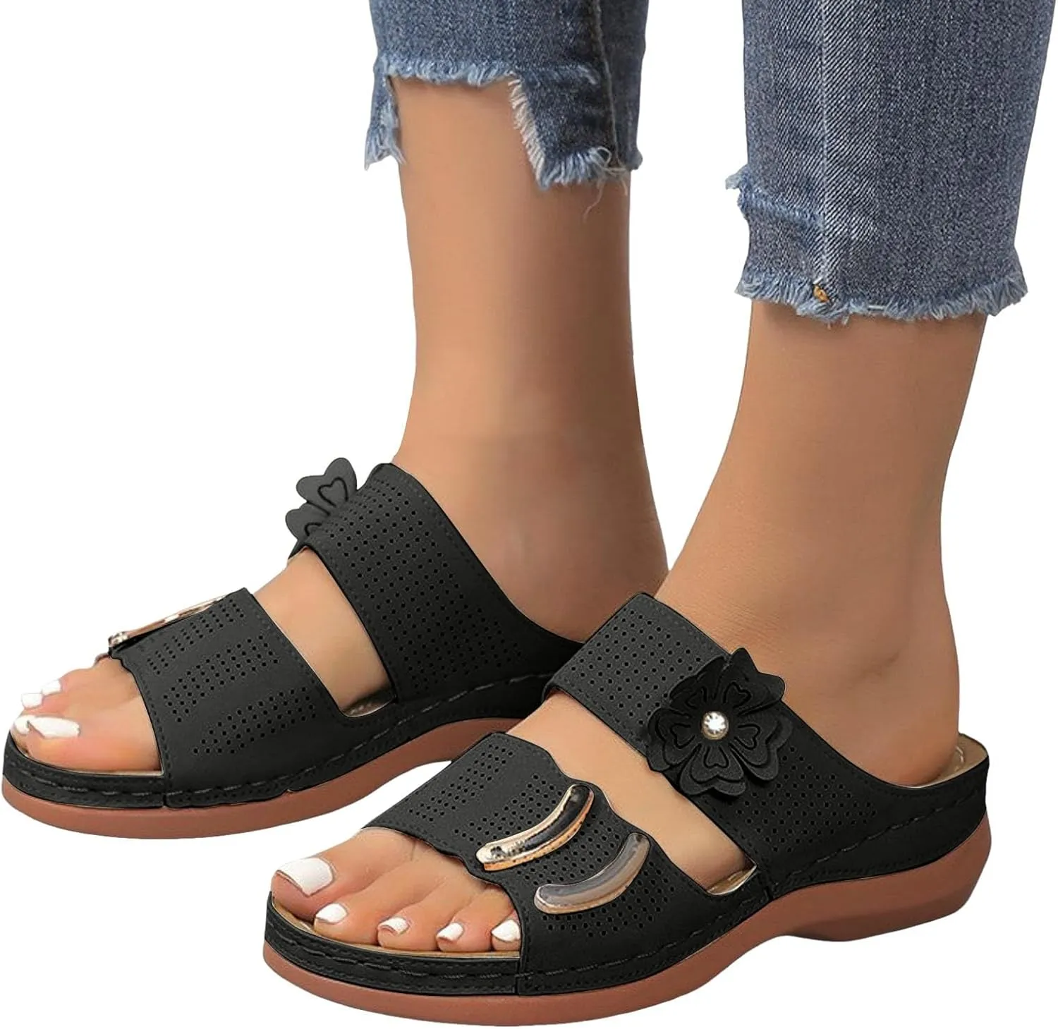Womens Sandals Dressy Summer Open Toe Thick Sole Slippers Casual Comfortable Walking Arch Support Flat Sandals