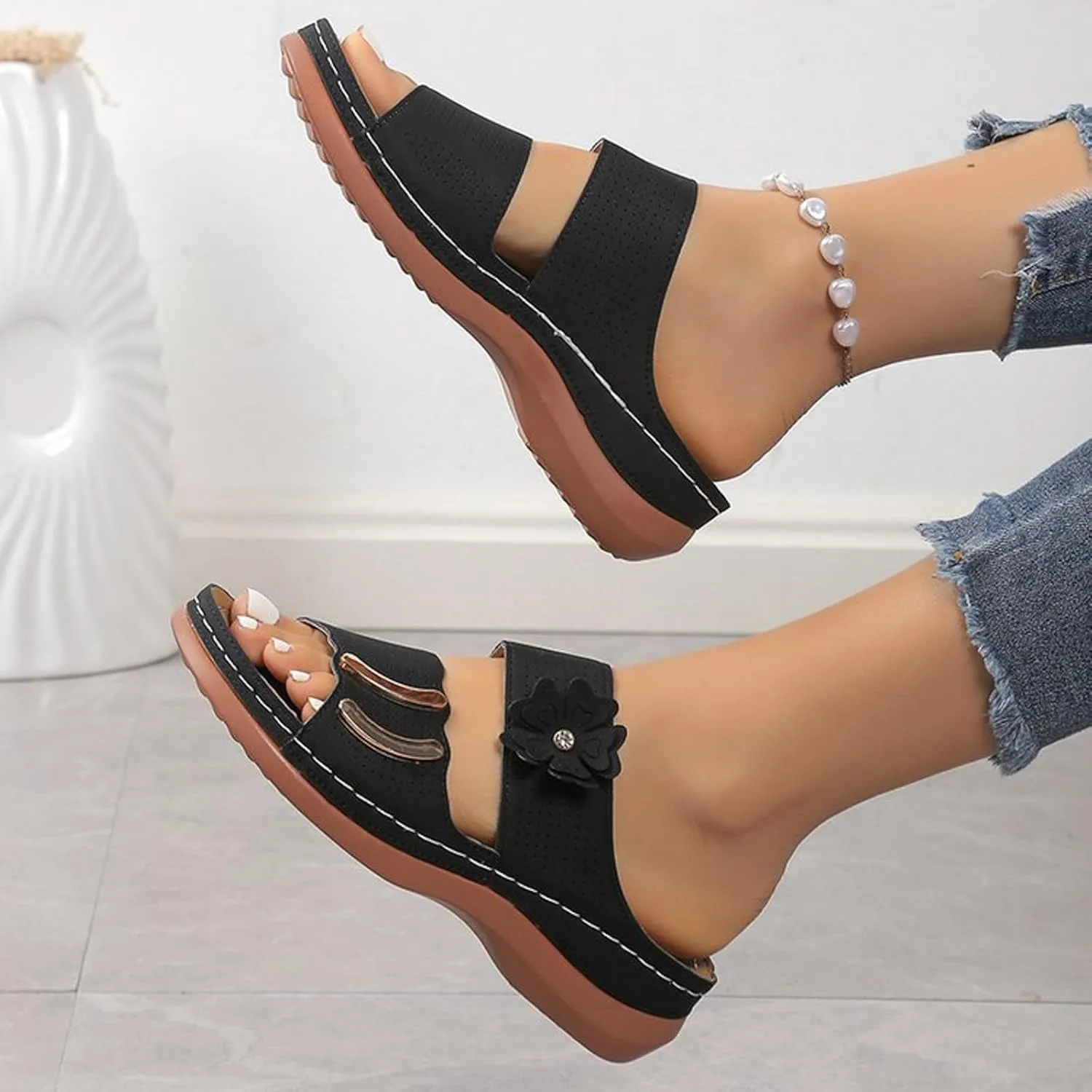 Womens Sandals Dressy Summer Open Toe Thick Sole Slippers Casual Comfortable Walking Arch Support Flat Sandals