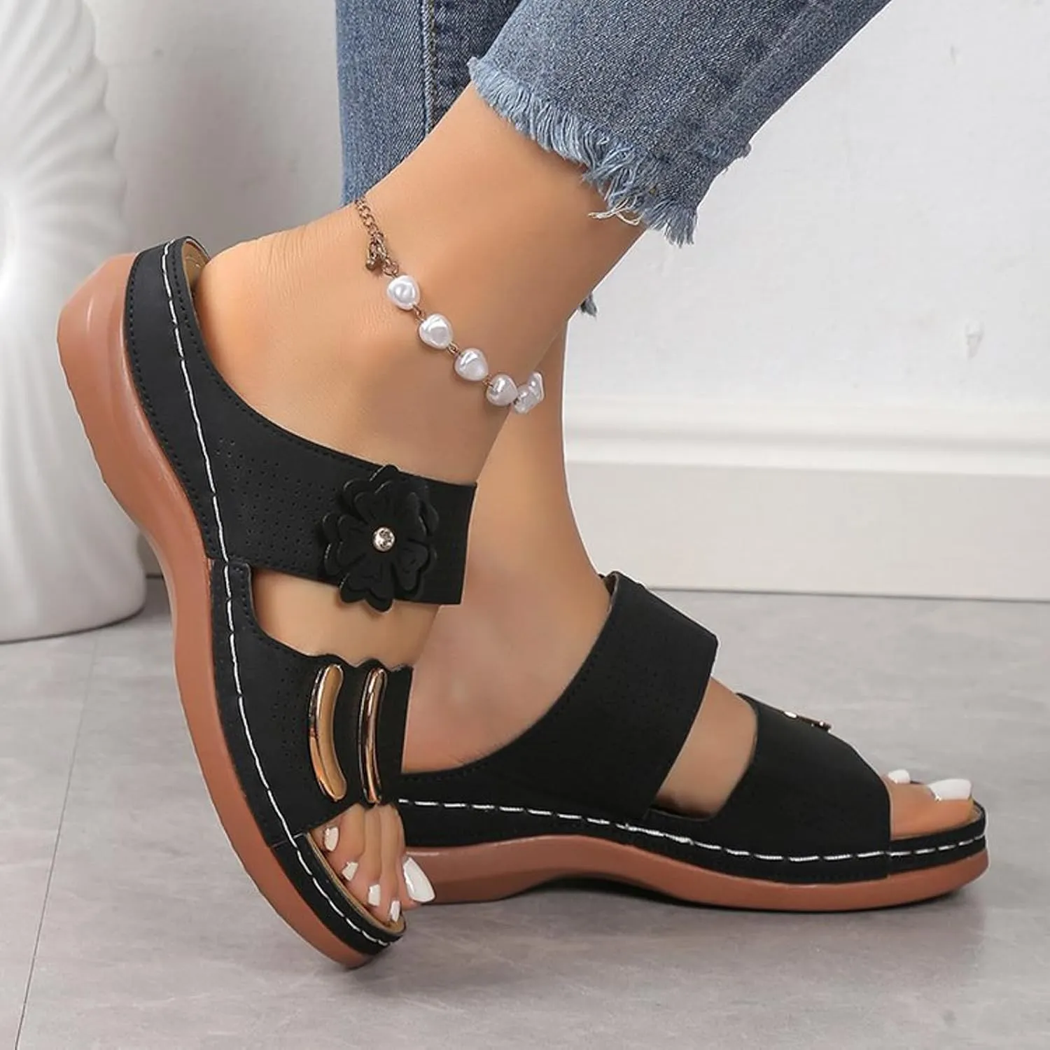 Womens Sandals Dressy Summer Open Toe Thick Sole Slippers Casual Comfortable Walking Arch Support Flat Sandals