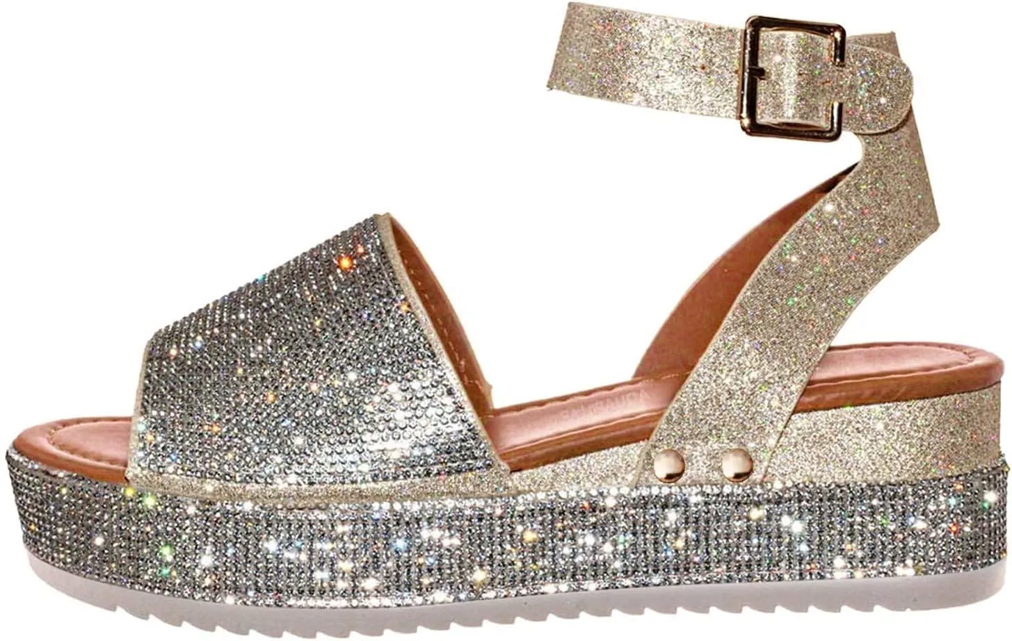 Womens Shiny Rhinestone Ankle Strap Platform Sandal Open Toe Crystal Espadrilles Shoes Summer Casual Dress Wedge Sandals Platform