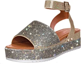 Womens Shiny Rhinestone Ankle Strap Platform Sandal Open Toe Crystal Espadrilles Shoes Summer Casual Dress Wedge Sandals Platform