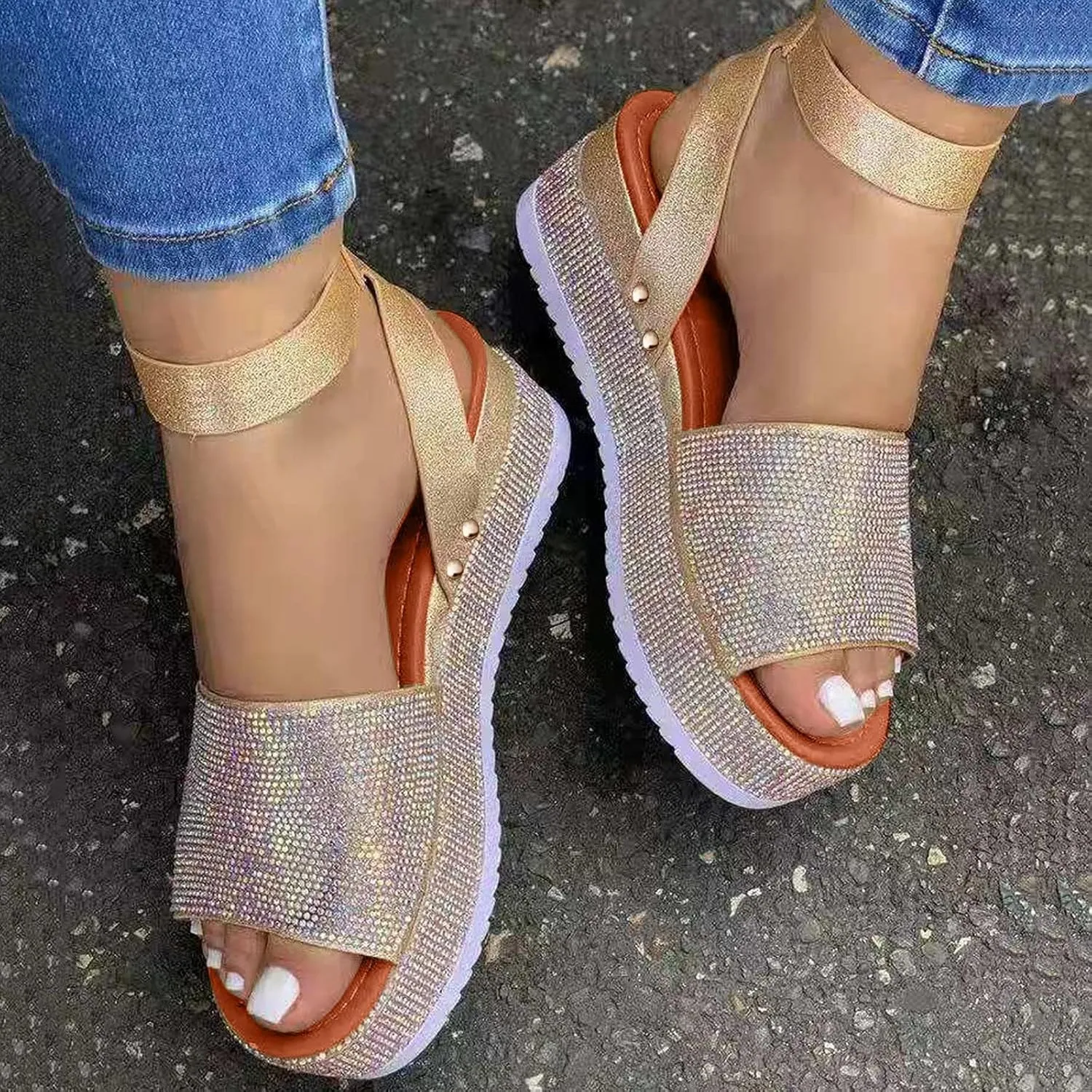 Womens Shiny Rhinestone Ankle Strap Platform Sandal Open Toe Crystal Espadrilles Shoes Summer Casual Dress Wedge Sandals Platform