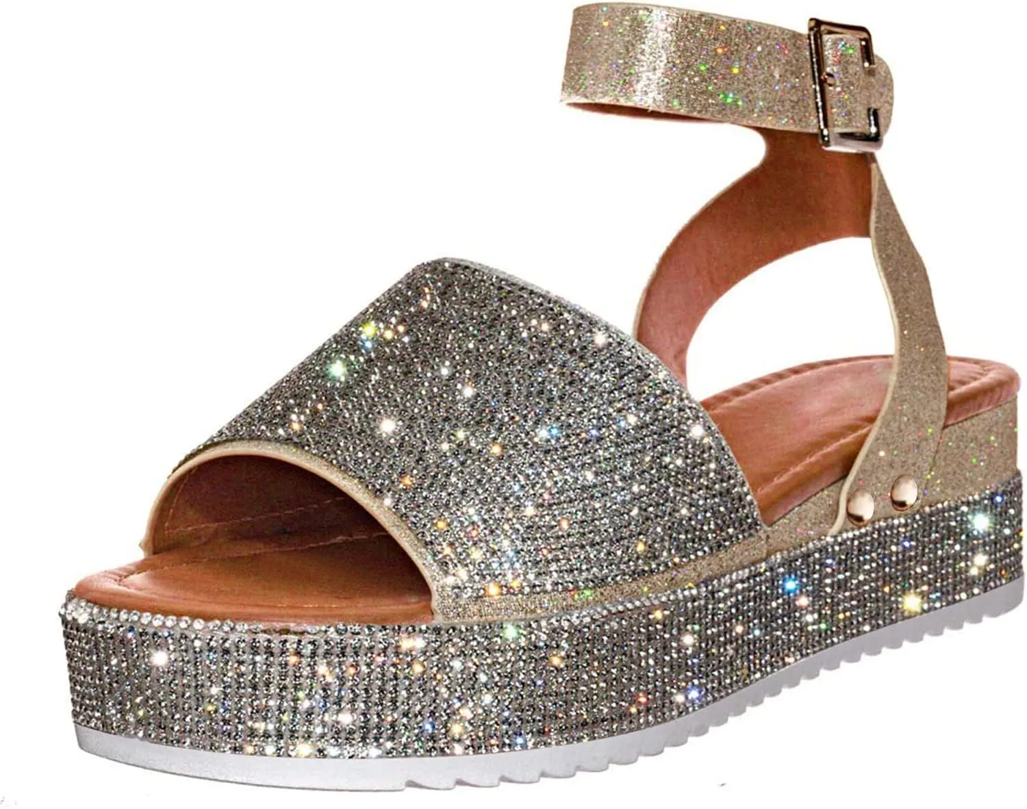 Womens Shiny Rhinestone Ankle Strap Platform Sandal Open Toe Crystal Espadrilles Shoes Summer Casual Dress Wedge Sandals Platform
