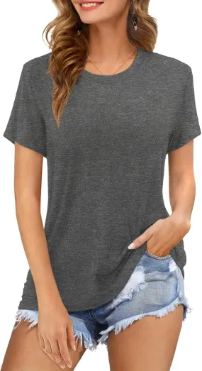 Womens Short Sleeve T Shirts Crewneck Summer Trendy Solid Basic Tee Tops Casual Summer Loose Fit Shirts