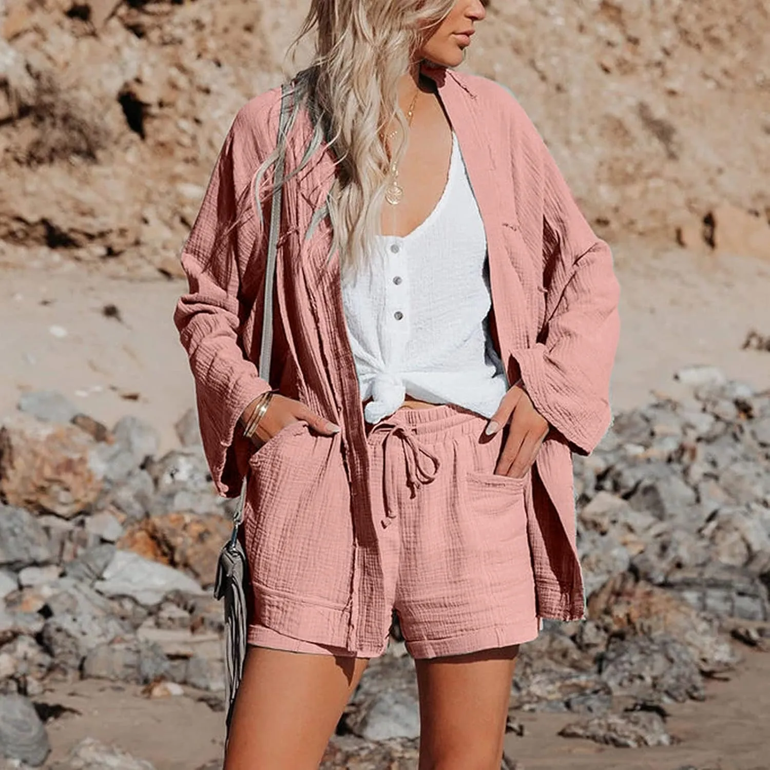 Womens Shorts for Summer Casual Linen Shorts Drawstring Elastic Waist Shorts with Pockets Comfy Bermuda Shorts Workout Shorts