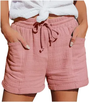 Womens Shorts for Summer Casual Linen Shorts Drawstring Elastic Waist Shorts with Pockets Comfy Bermuda Shorts Workout Shorts