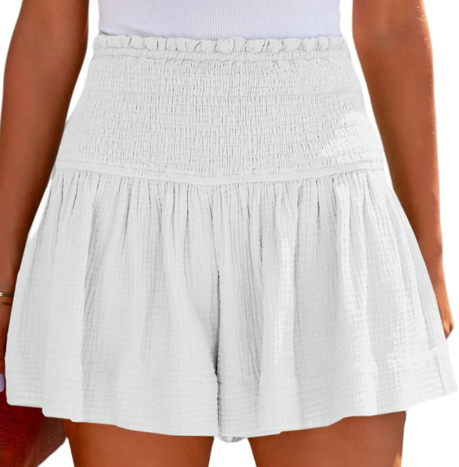 Womens Shorts Wide Leg Boho Shorts Elastic High Waist Linen Shorts Summer Beach Shorts Pleated Ruffle Yoga Shorts