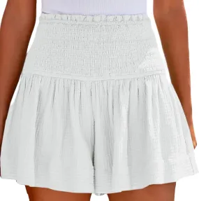 Womens Shorts Wide Leg Boho Shorts Elastic High Waist Linen Shorts Summer Beach Shorts Pleated Ruffle Yoga Shorts