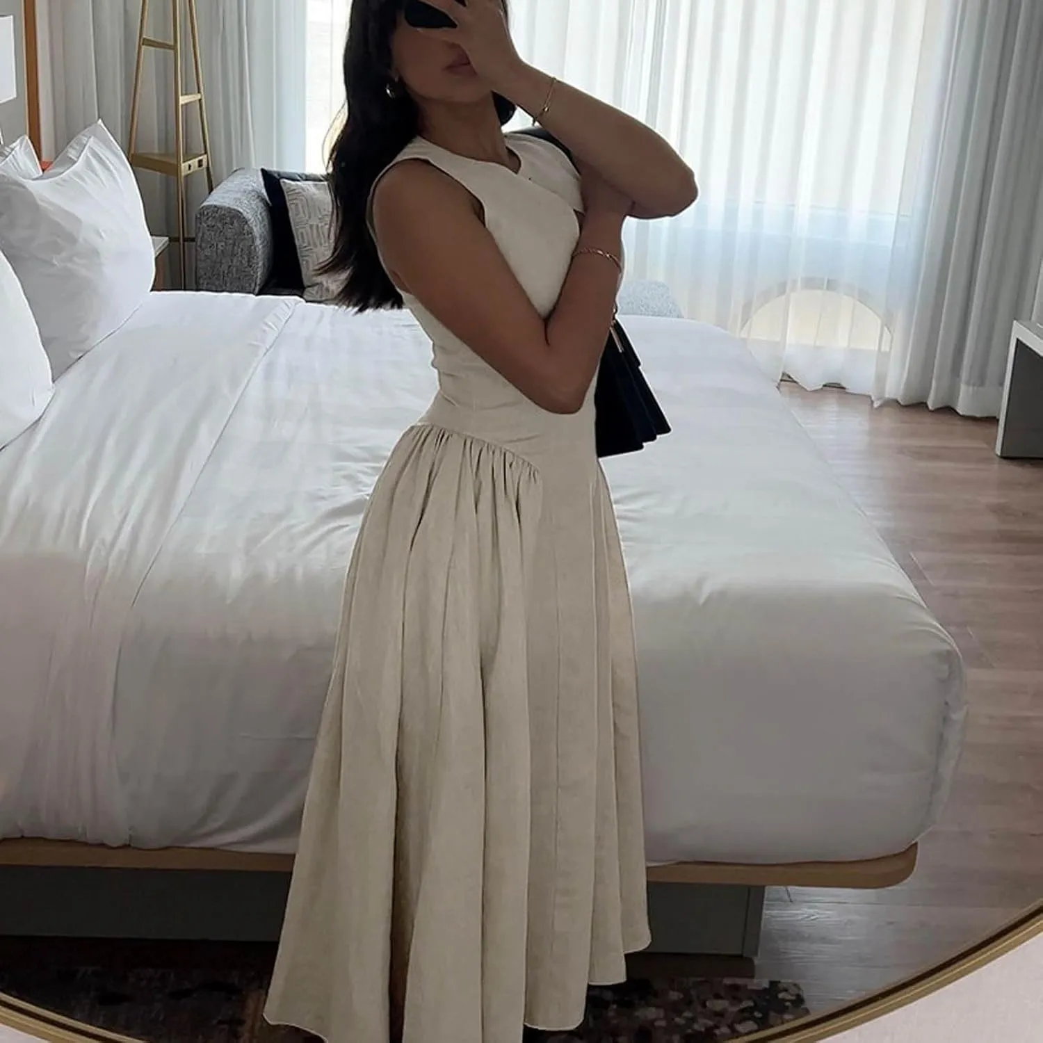 Women's Side Pleated Sleeveless Medium Length Linen Single Button Tight Corset Hollowed Out MIDI Dress