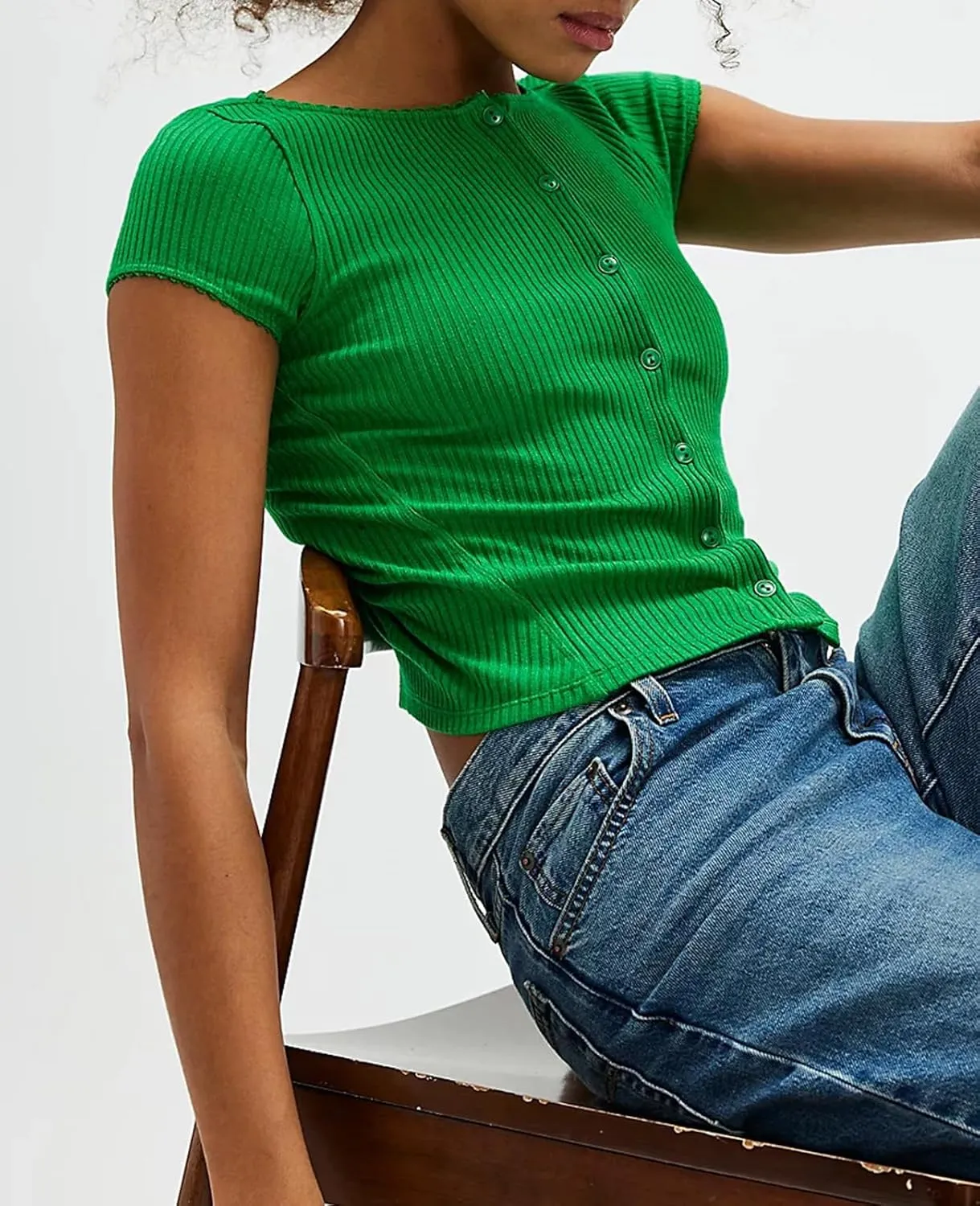Womens Slim Fitted Shirts Short Sleeve Cardigan Button Down Blouses Y2k Ribbed Tops