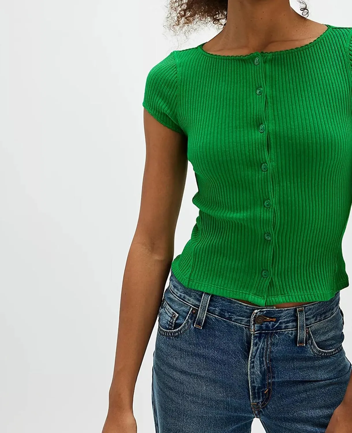 Womens Slim Fitted Shirts Short Sleeve Cardigan Button Down Blouses Y2k Ribbed Tops
