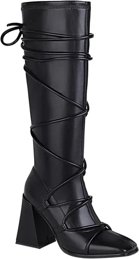 Womens Strappy Chunky Heel Knee High Boots Fashion Lace Up Square Toe High Heels Riding Combat Boots