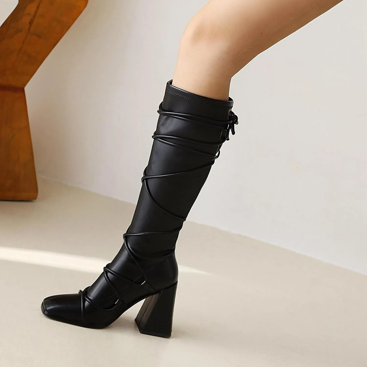 Womens Strappy Chunky Heel Knee High Boots Fashion Lace Up Square Toe High Heels Riding Combat Boots