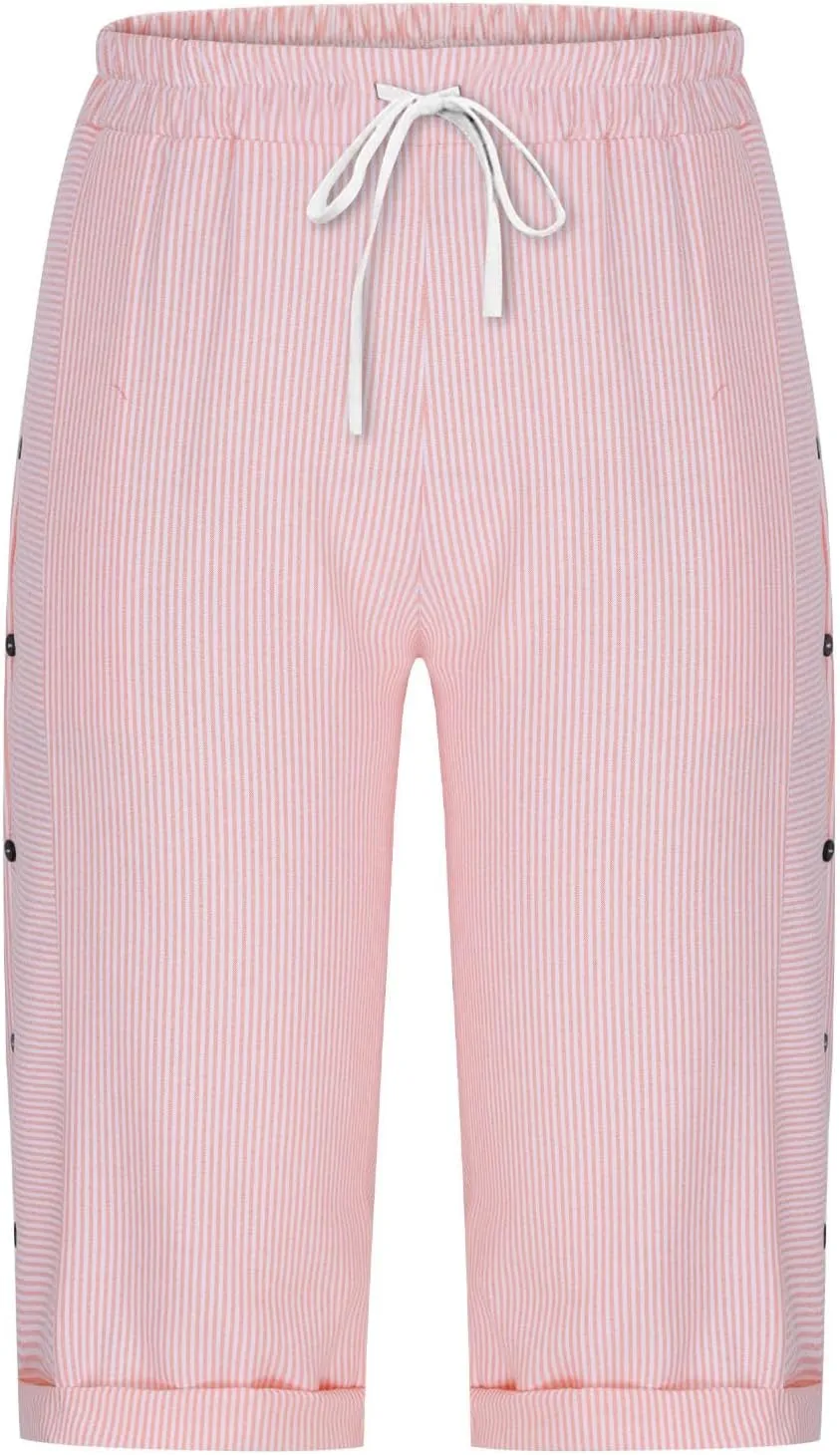 Womens Stripe Print Shorts Summer Knee-Length Casual Bermuda Shorts Lounge Shorts Elastic Waist Side Button Shorts