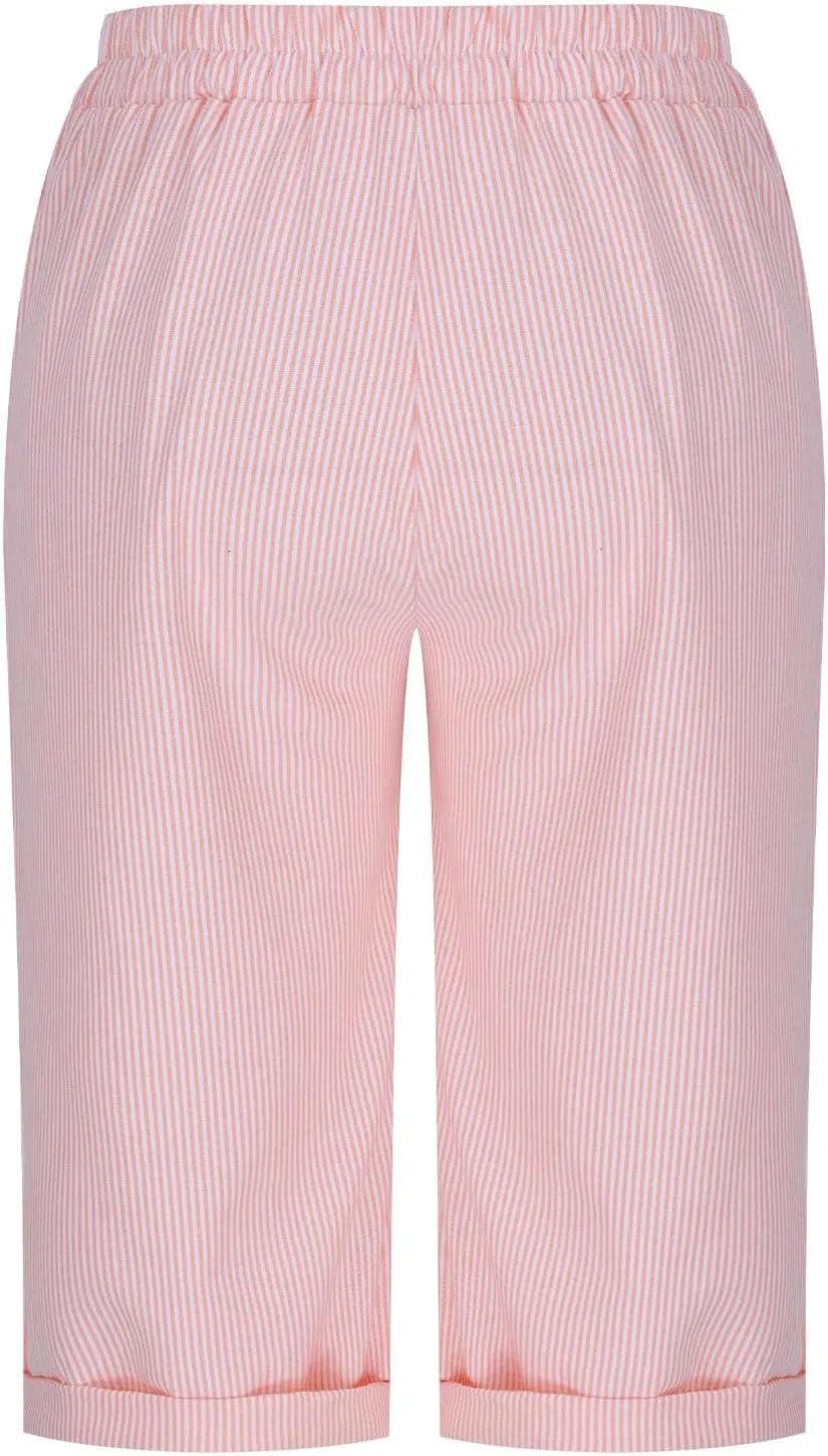Womens Stripe Print Shorts Summer Knee-Length Casual Bermuda Shorts Lounge Shorts Elastic Waist Side Button Shorts