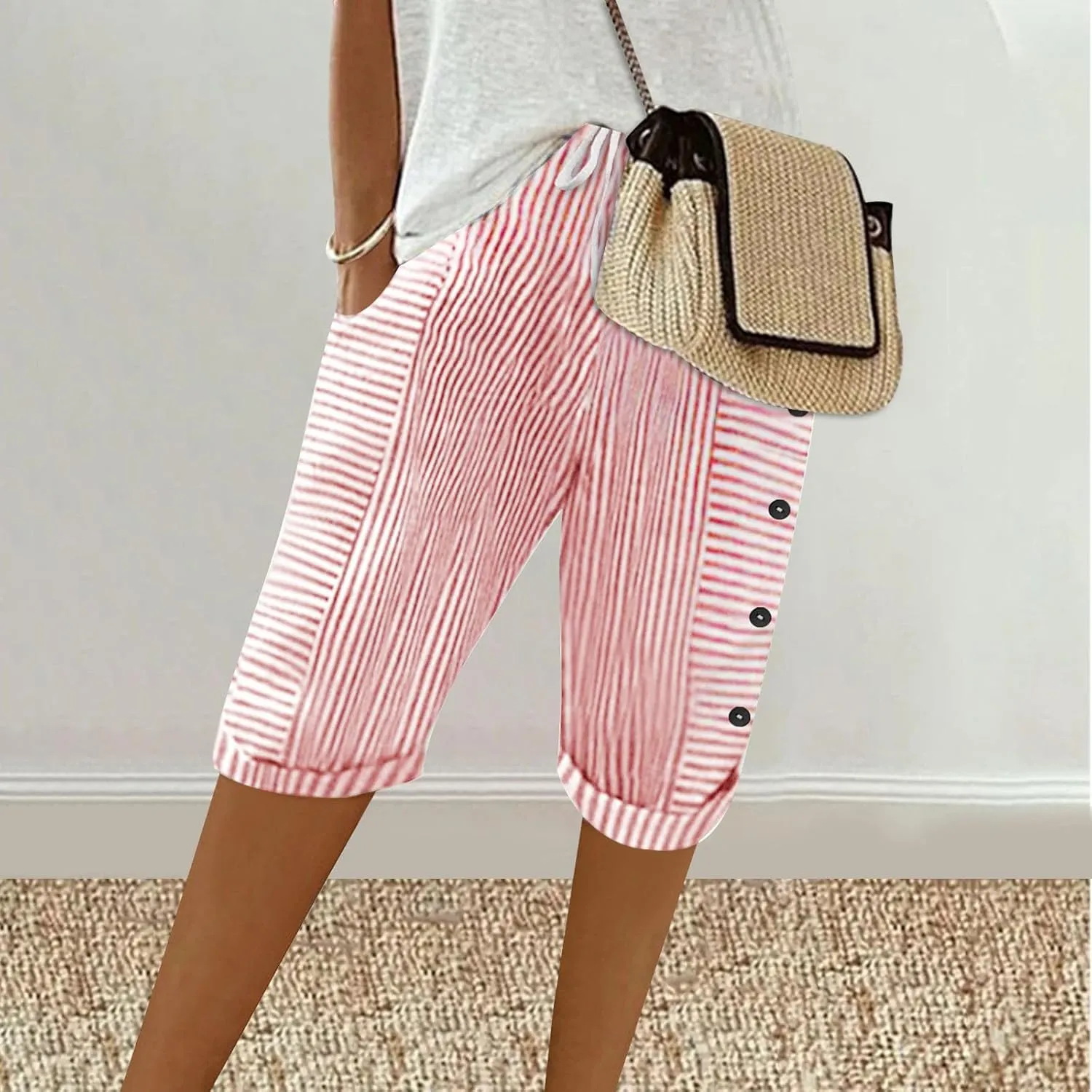 Womens Stripe Print Shorts Summer Knee-Length Casual Bermuda Shorts Lounge Shorts Elastic Waist Side Button Shorts