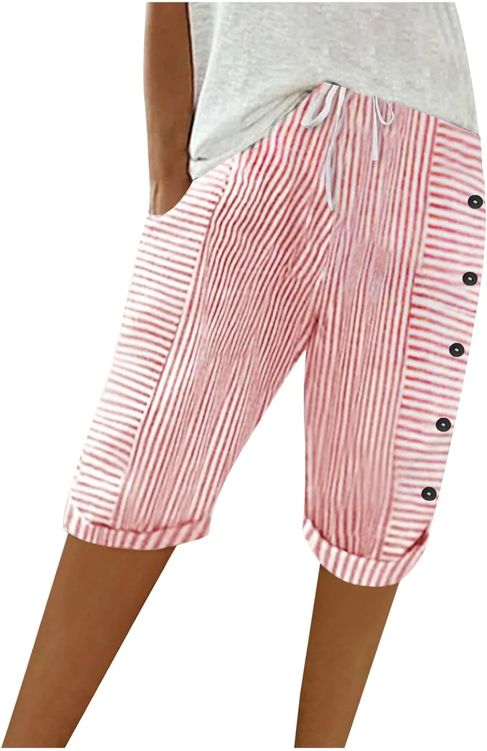 Womens Stripe Print Shorts Summer Knee-Length Casual Bermuda Shorts Lounge Shorts Elastic Waist Side Button Shorts