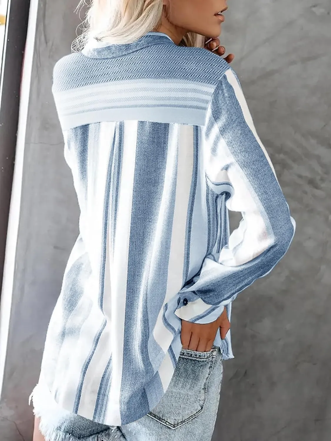 Women's Striped Button Down Shirts Linen Shirts Long Sleeve Collared Blouses Boyfriends Loose Tunics Tops