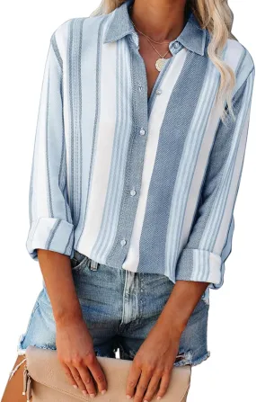 Women's Striped Button Down Shirts Linen Shirts Long Sleeve Collared Blouses Boyfriends Loose Tunics Tops