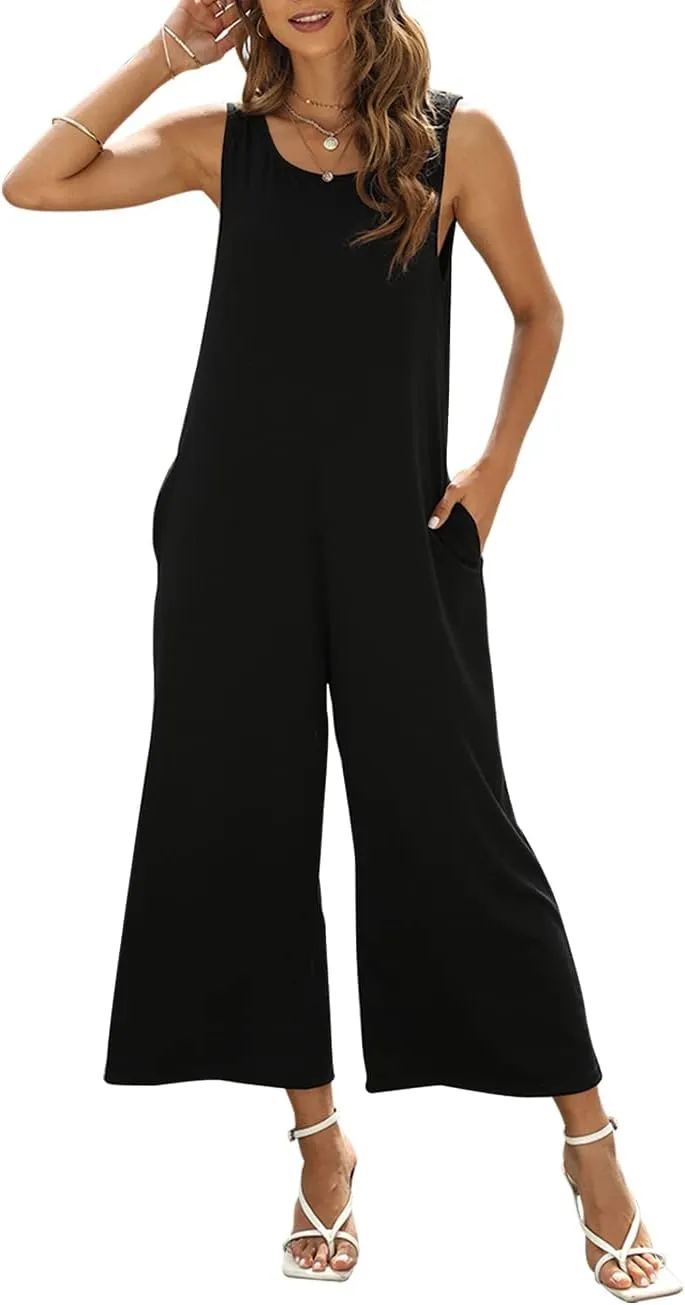 Women's Summer Casual Loose Tank Jumpsuit Sleeveless Crewneck Jumpsuit Romper Outfits with Pockets