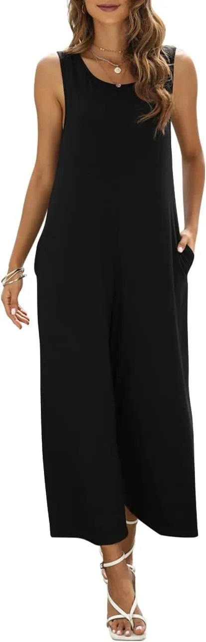 Women's Summer Casual Loose Tank Jumpsuit Sleeveless Crewneck Jumpsuit Romper Outfits with Pockets