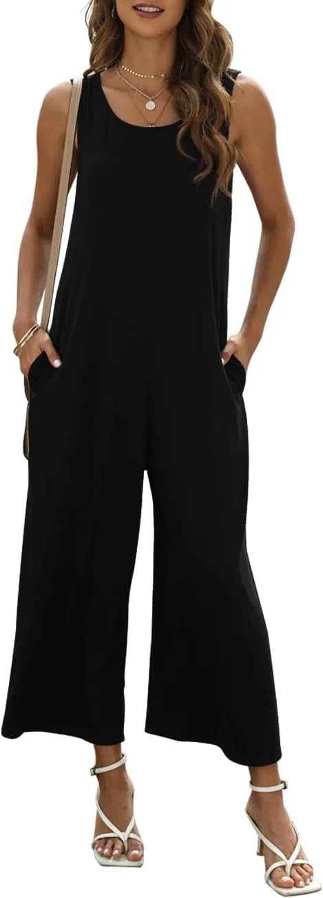 Women's Summer Casual Loose Tank Jumpsuit Sleeveless Crewneck Jumpsuit Romper Outfits with Pockets