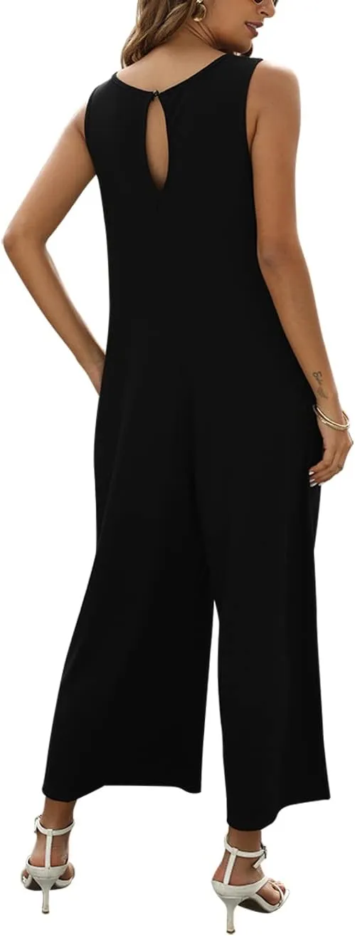 Women's Summer Casual Loose Tank Jumpsuit Sleeveless Crewneck Jumpsuit Romper Outfits with Pockets