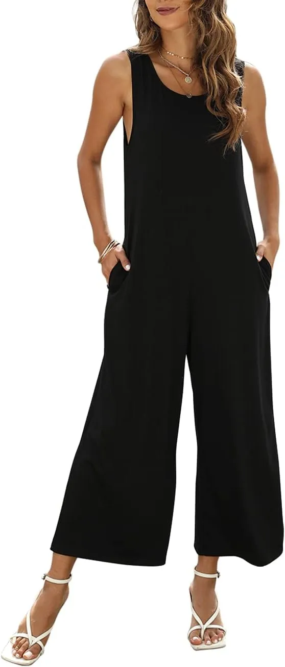 Women's Summer Casual Loose Tank Jumpsuit Sleeveless Crewneck Jumpsuit Romper Outfits with Pockets