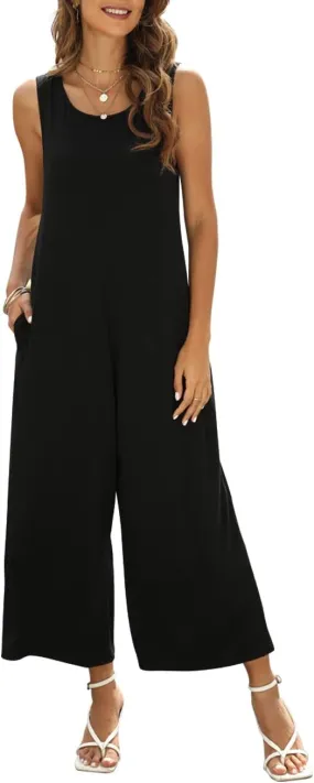 Women's Summer Casual Loose Tank Jumpsuit Sleeveless Crewneck Jumpsuit Romper Outfits with Pockets