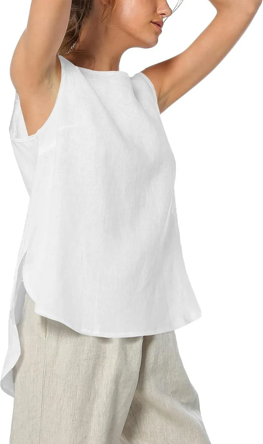 Womens Summer Casual Natural Linen Sleeveless Tank Tops Basic Lightweight Crewneck Blouse Shirts Layering Tee
