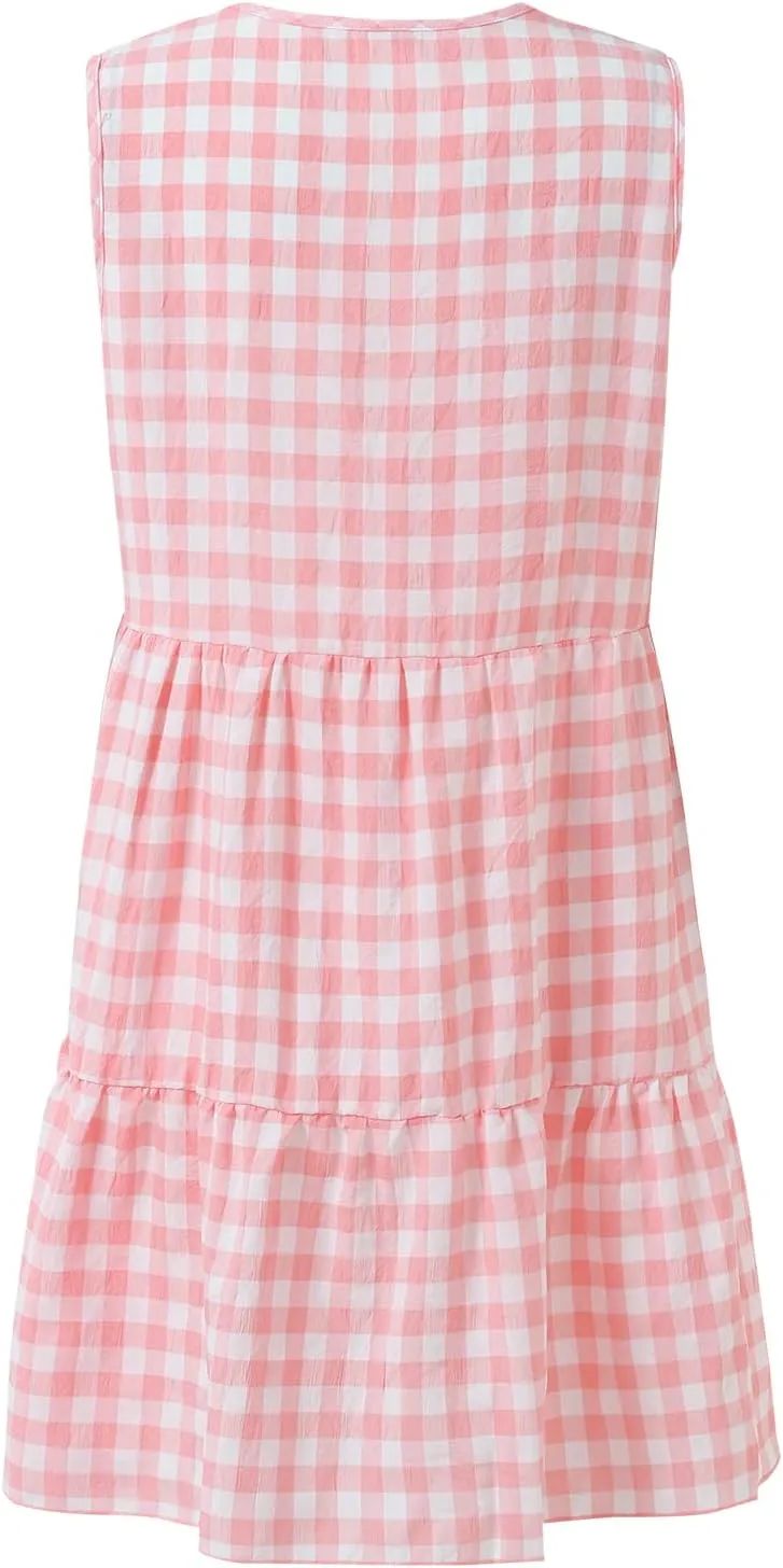 Women's Summer Casual V-Neck Sleeveless Plaid Button Dress