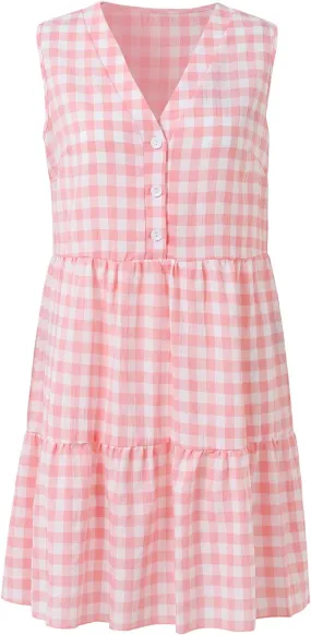Women's Summer Casual V-Neck Sleeveless Plaid Button Dress