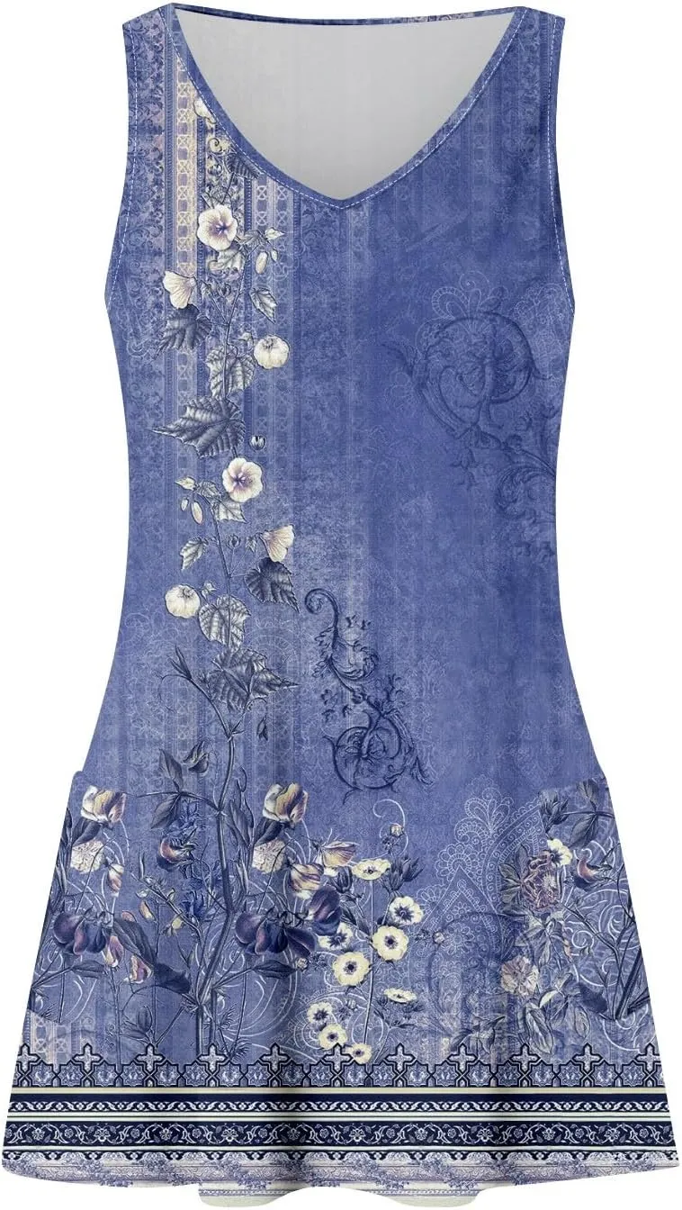 Womens Summer Dresses 2025 Casual V Neck Sleeveless Sundresses Flowy Beach Boho Tank Dress with Pockets