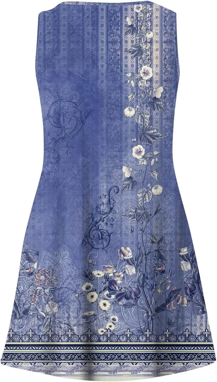 Womens Summer Dresses 2025 Casual V Neck Sleeveless Sundresses Flowy Beach Boho Tank Dress with Pockets
