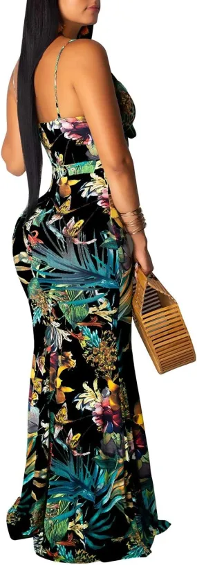 Women's Summer Floral Spaghetti Strap Long Maxi Dresses Low-Cut Bohemian Beach Sundress