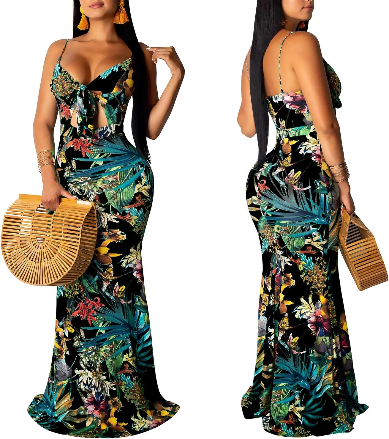 Women's Summer Floral Spaghetti Strap Long Maxi Dresses Low-Cut Bohemian Beach Sundress