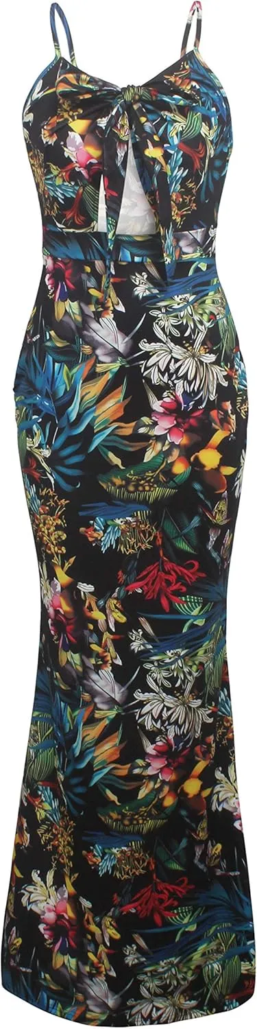 Women's Summer Floral Spaghetti Strap Long Maxi Dresses Low-Cut Bohemian Beach Sundress
