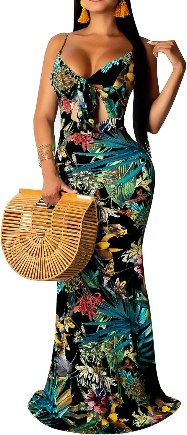 Women's Summer Floral Spaghetti Strap Long Maxi Dresses Low-Cut Bohemian Beach Sundress