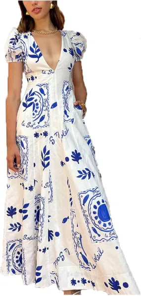 Womens Summer Maxi Dress Puff Short Sleeve Sexy V Neck Floral Casual Dresses with Pockets