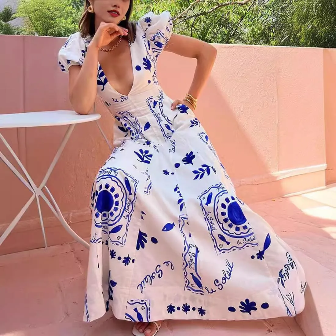 Womens Summer Maxi Dress Puff Short Sleeve Sexy V Neck Floral Casual Dresses with Pockets