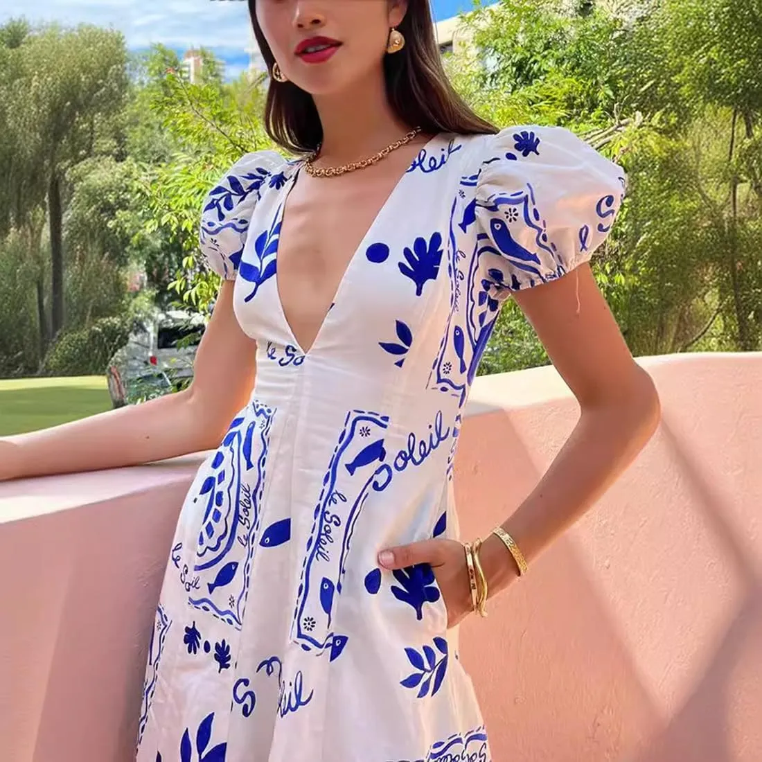 Womens Summer Maxi Dress Puff Short Sleeve Sexy V Neck Floral Casual Dresses with Pockets