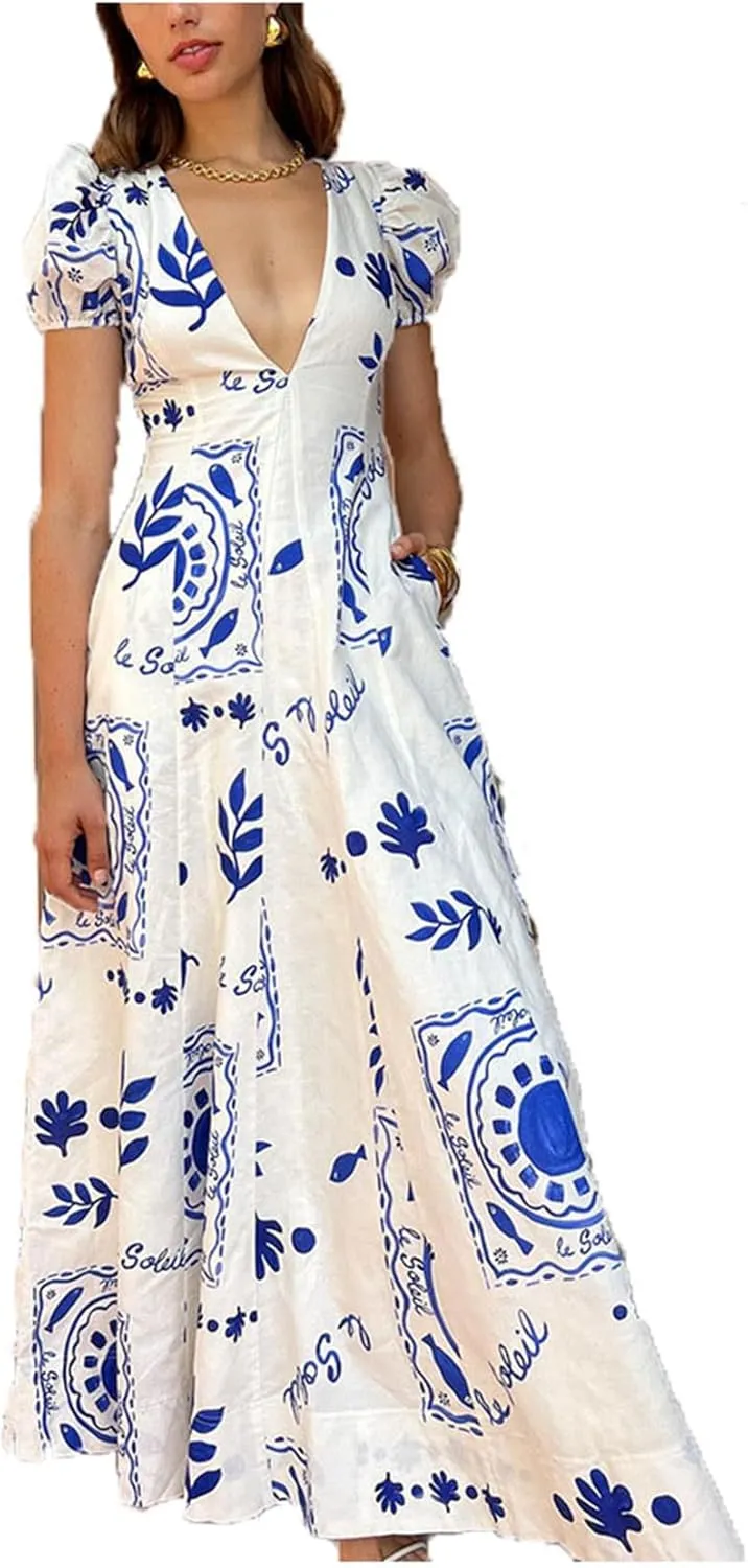 Womens Summer Maxi Dress Puff Short Sleeve Sexy V Neck Floral Casual Dresses with Pockets