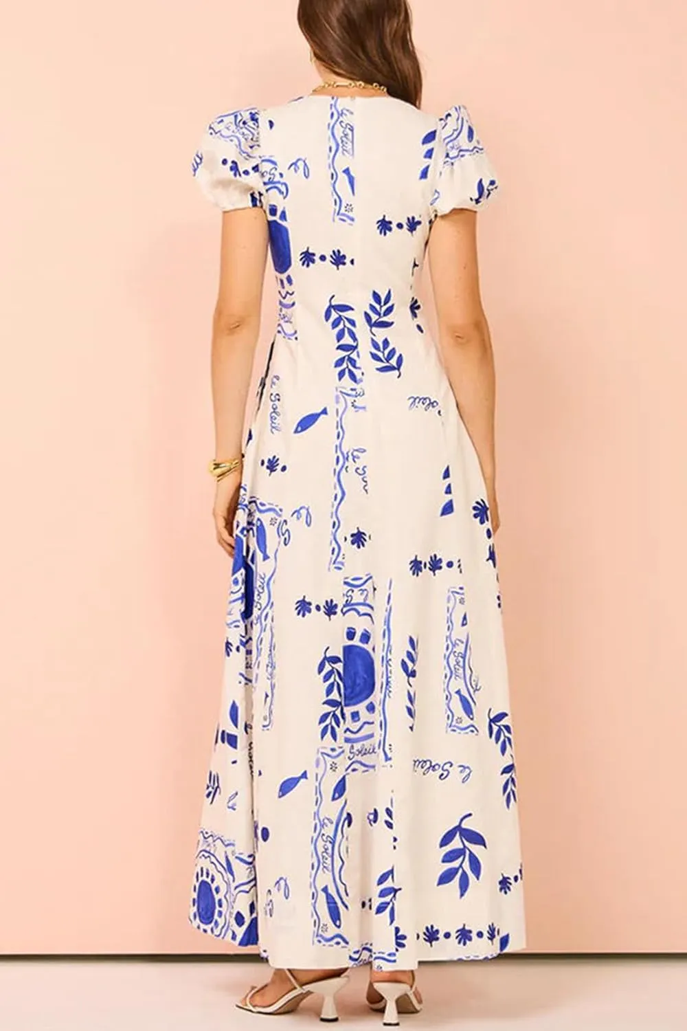 Womens Summer Maxi Dress Puff Short Sleeve Sexy V Neck Floral Casual Dresses with Pockets
