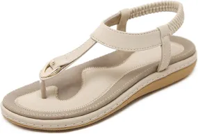 Womens Summer Strappy Flat Sandals Bohemian Clip Toe Leather Upholstery T-Strap Flip Flop Thong Sandals Comfortable Walking Beach Shoes