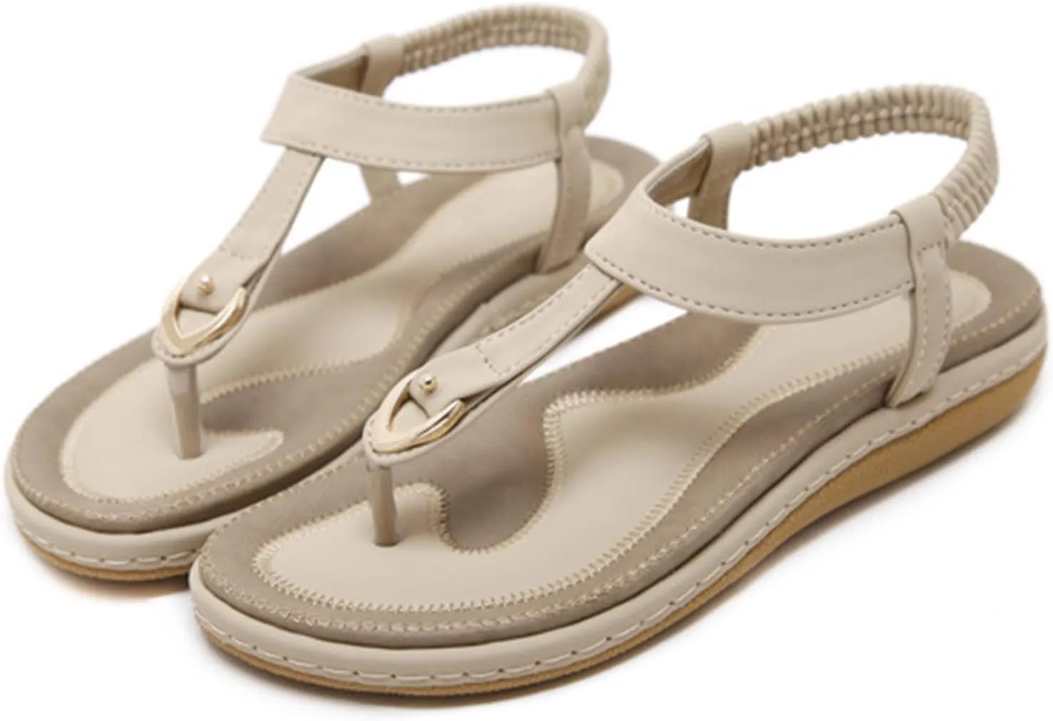 Womens Summer Strappy Flat Sandals Bohemian Clip Toe Leather Upholstery T-Strap Flip Flop Thong Sandals Comfortable Walking Beach Shoes