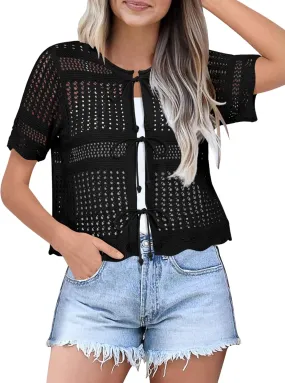 Womens Tie Front Cardigan Short Sleeve Summer Sweater Crochet Cropped Tops Casual Cover Up